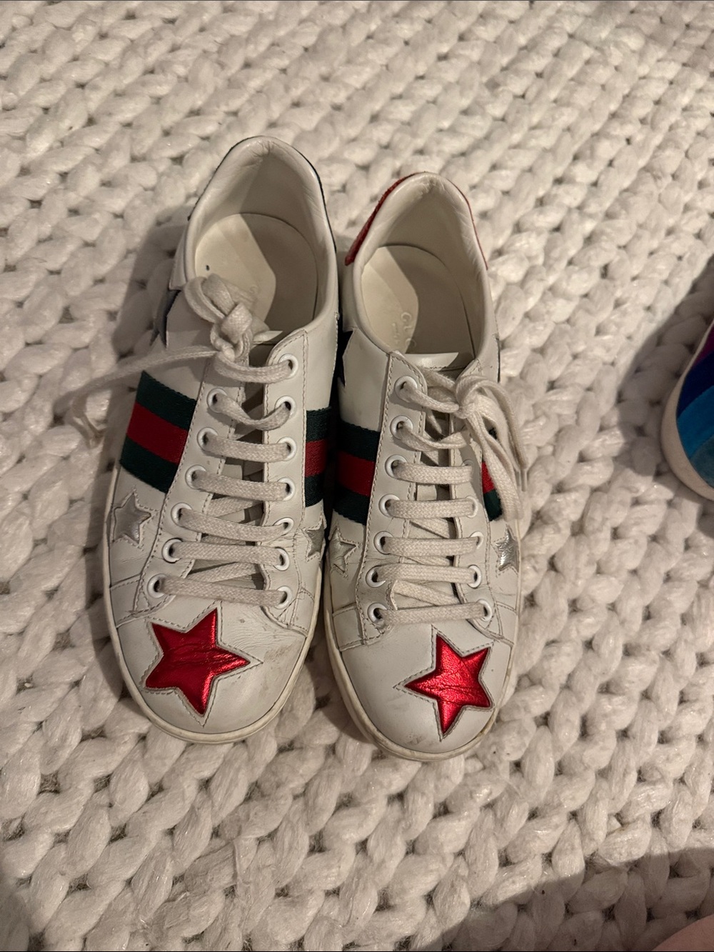 Gucci Ace White Leather Sneakers with Red Star Toe and Green-Red Stripes